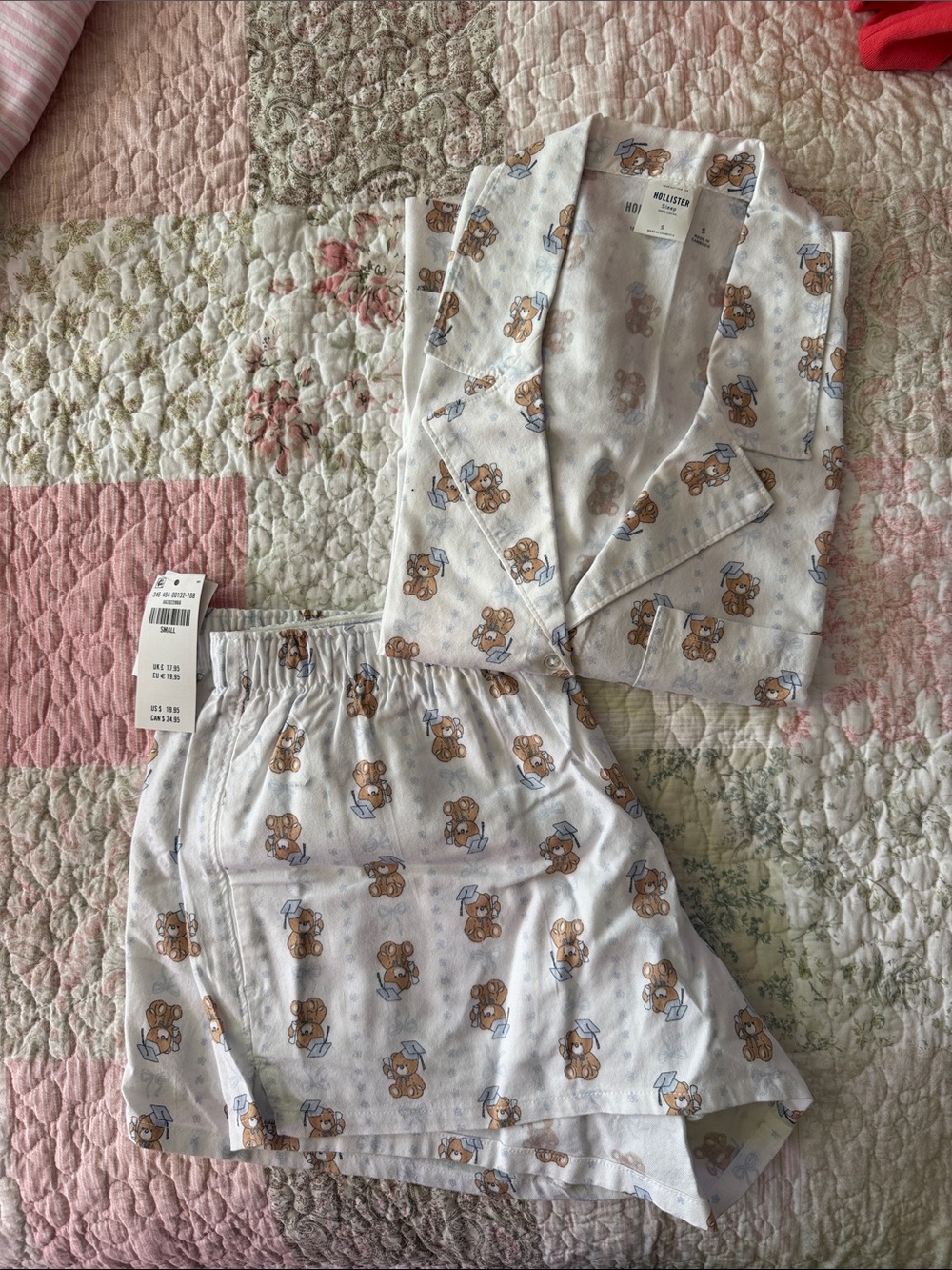 Hollister White and Tan Teddy Bear Print Kids Pajama Set